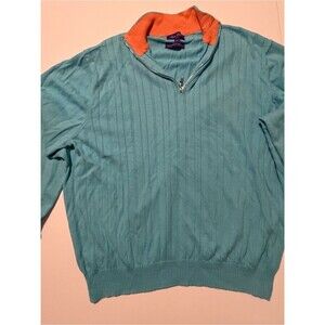 Alan Flusser Turquoise Quarter-Zip Sweater with Orange Collar-XXL